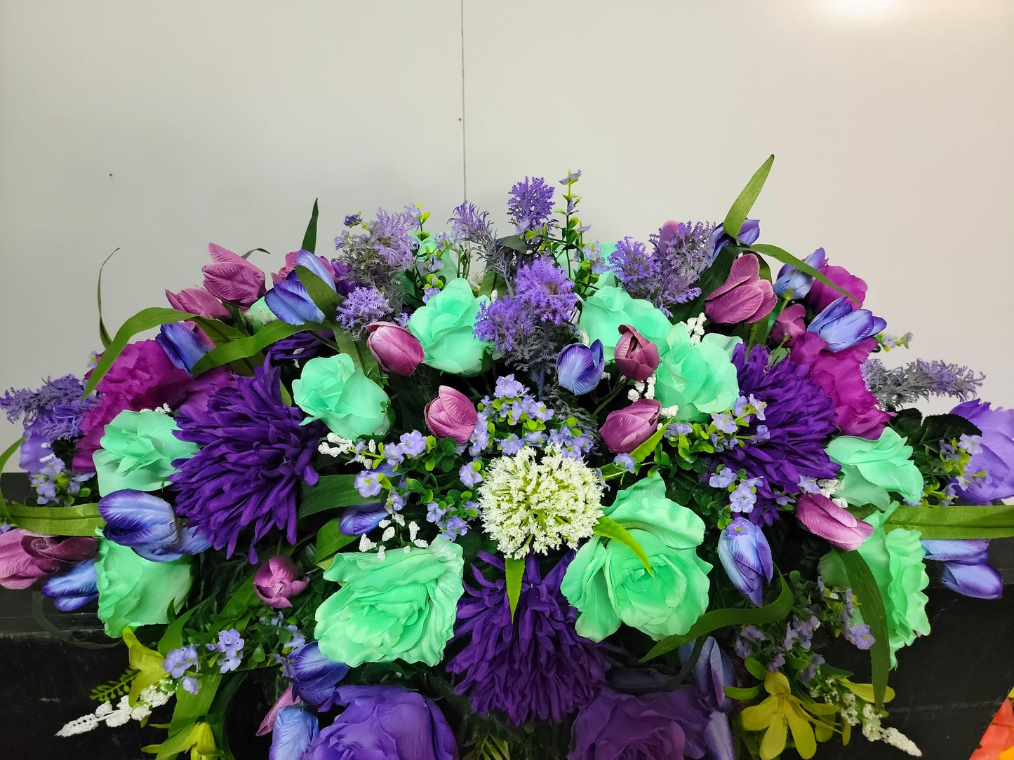 Cemetery Saddle 28"  Mint Green  and Purple Cemetery Flowers Saddle, Spring Grave Saddle, Headstone Flowers, Memorial Flowers
