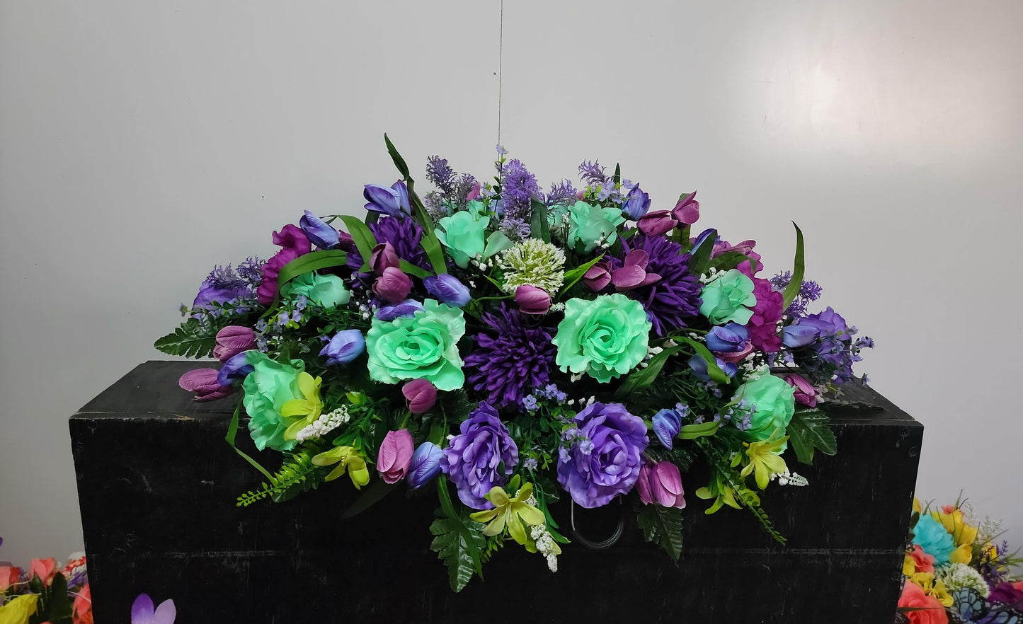 Cemetery Saddle 28"  Mint Green  and Purple Cemetery Flowers Saddle, Spring Grave Saddle, Headstone Flowers, Memorial Flowers