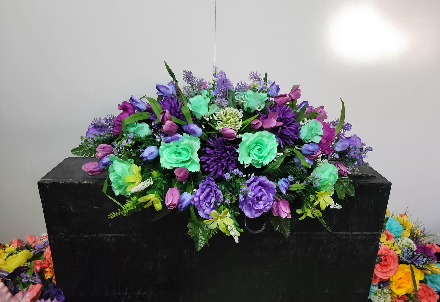 Cemetery Saddle 28"  Mint Green  and Purple Cemetery Flowers Saddle, Spring Grave Saddle, Headstone Flowers, Memorial Flowers