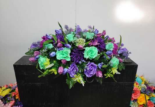 Cemetery Saddle 28"  Mint Green  and Purple Cemetery Flowers Saddle, Spring Grave Saddle, Headstone Flowers, Memorial Flowers