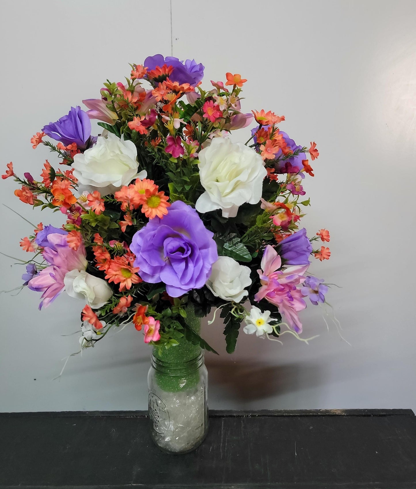 Cemetery Flowers Vase LavenderRoses Coral Wildflowers Spring Memorial Vase Grave Vase Cone Flowers Mother or Daughter cemetery