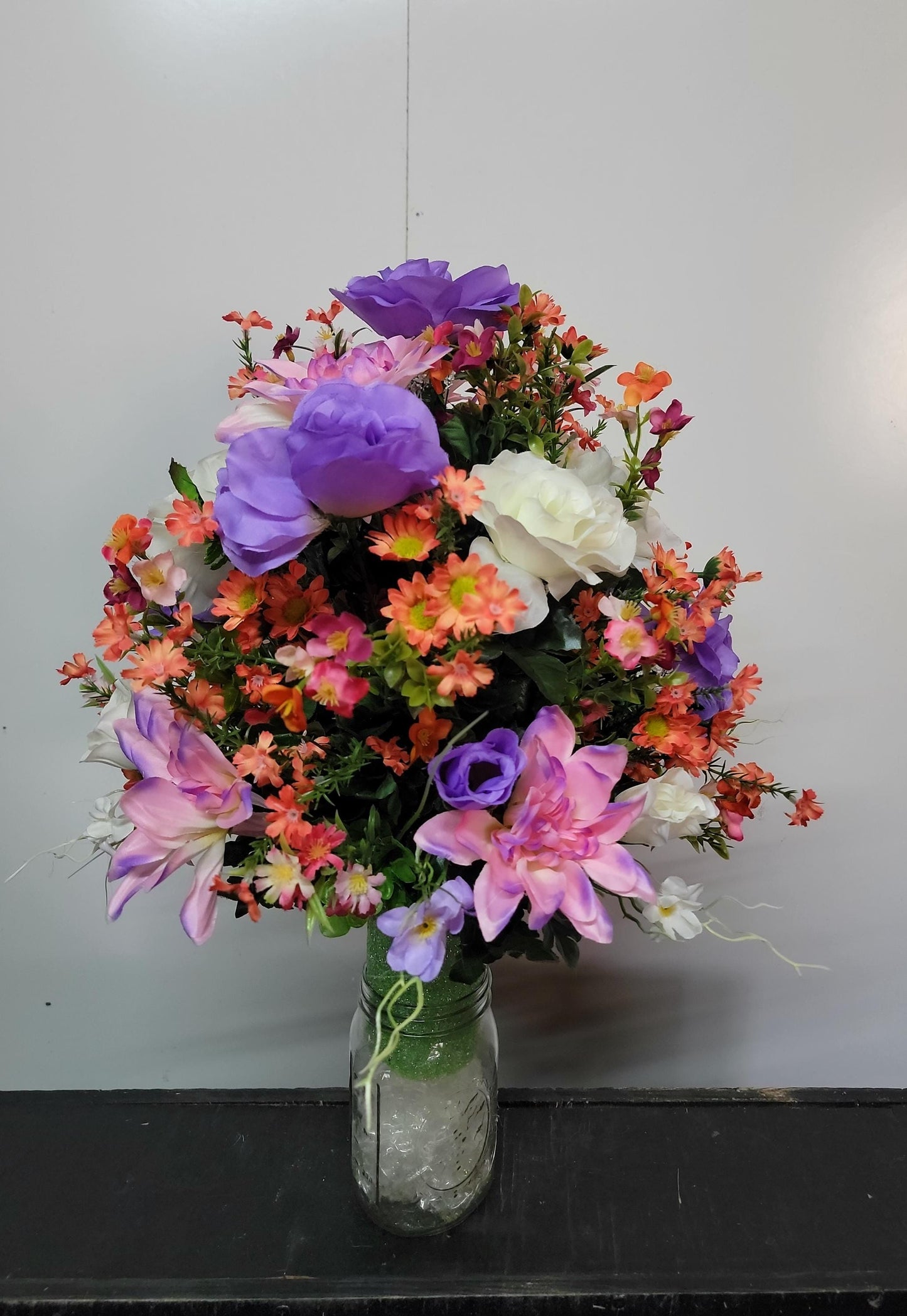 Cemetery Flowers Vase LavenderRoses Coral Wildflowers Spring Memorial Vase Grave Vase Cone Flowers Mother or Daughter cemetery