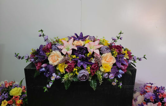 Large Headstone Saddle, Spring Grave Saddle,  Cemetery Flowers  Purple lavender  Peach  Memorial Grave Blanket