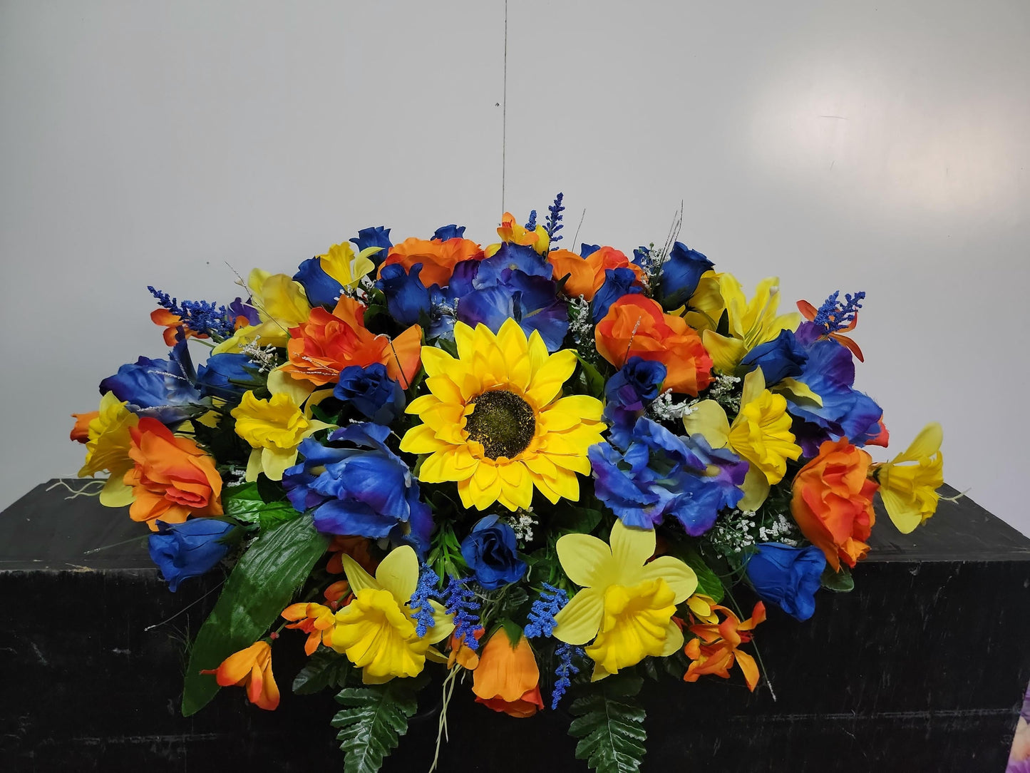Blue Iris Daffodils Cemetery Saddle, You are my sunshine,   Headstone topper, Cemetery Flowers Saddle, Spring Cemetery Flowers