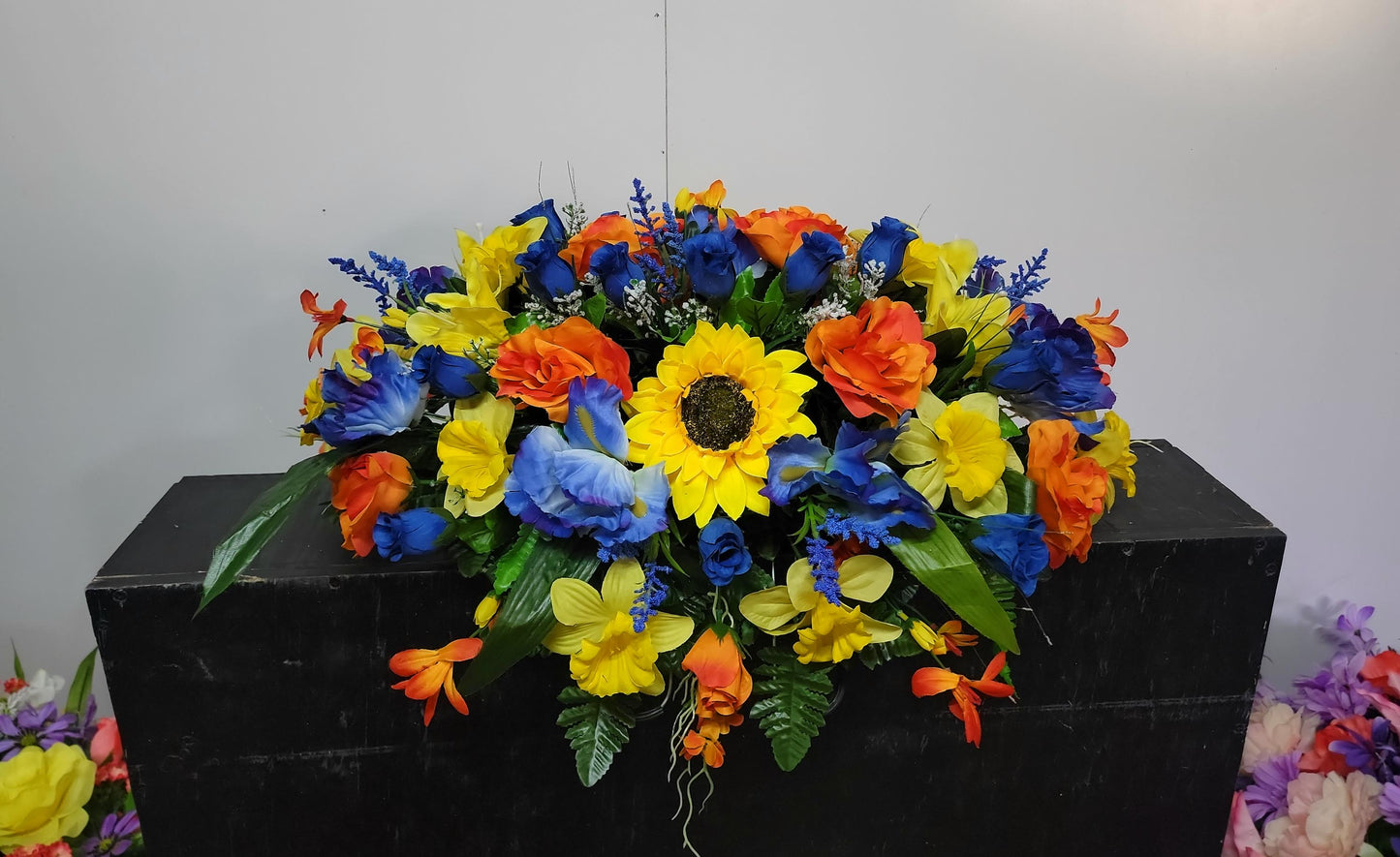 Blue Iris Daffodils Cemetery Saddle, You are my sunshine,   Headstone topper, Cemetery Flowers Saddle, Spring Cemetery Flowers