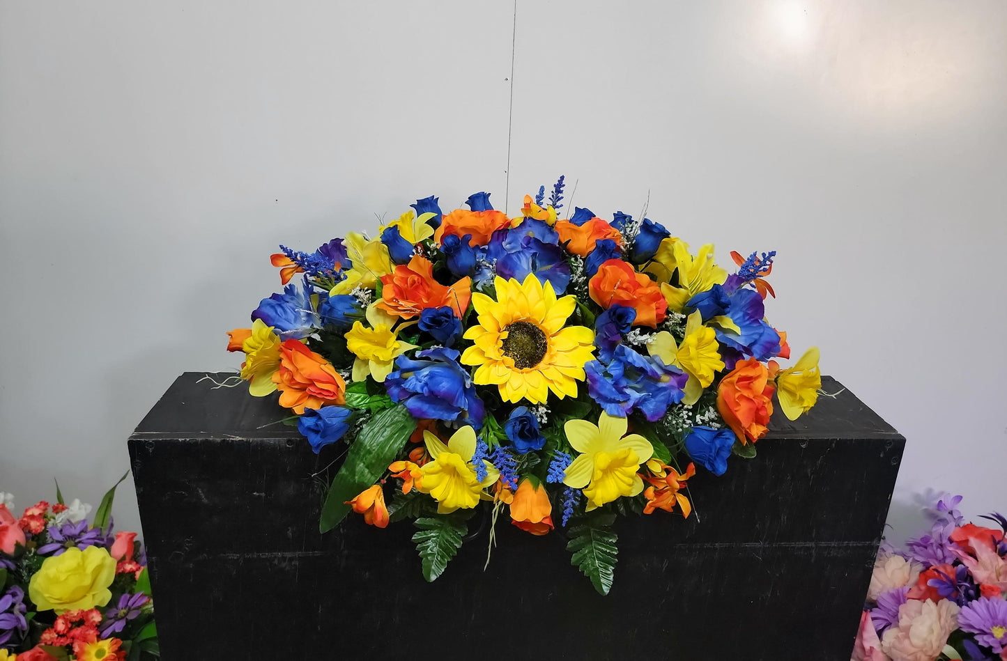 Blue Iris Daffodils Cemetery Saddle, You are my sunshine,   Headstone topper, Cemetery Flowers Saddle, Spring Cemetery Flowers