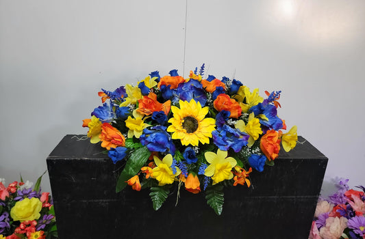 Blue Iris Daffodils Cemetery Saddle, You are my sunshine,   Headstone topper, Cemetery Flowers Saddle, Spring Cemetery Flowers