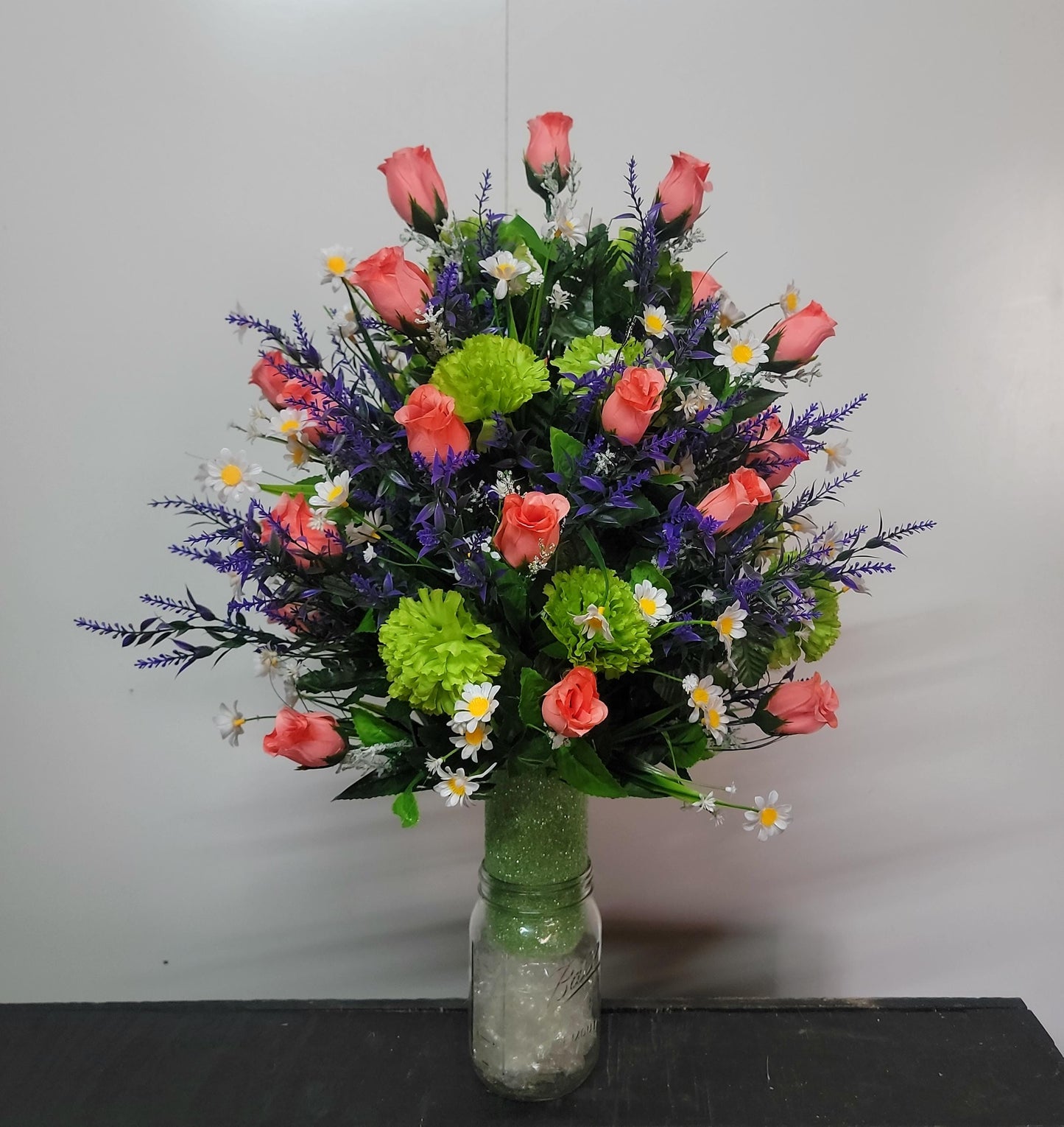 XL Coral Rose Cemetery Vase Flowers Grave Vase Flowers Cemetery flowers spring Easter flowers Green, Coral, Purple Spring Flowers