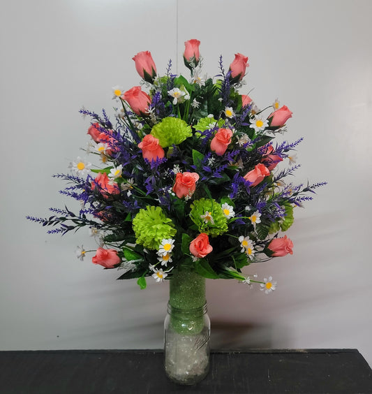 XL Coral Rose Cemetery Vase Flowers Grave Vase Flowers Cemetery flowers spring Easter flowers Green, Coral, Purple Spring Flowers