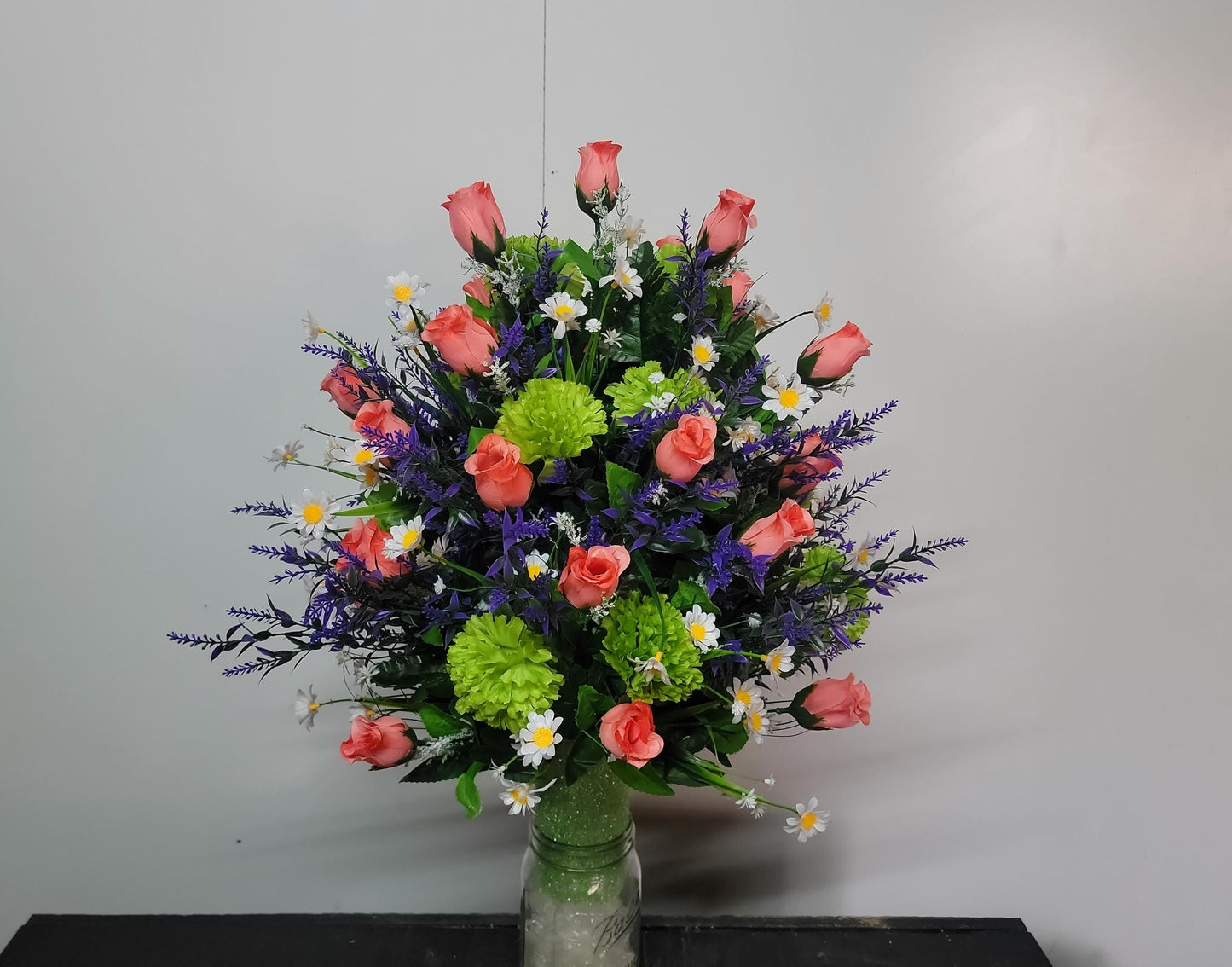 XL Coral Rose Cemetery Vase Flowers Grave Vase Flowers Cemetery flowers spring Easter flowers Green, Coral, Purple Spring Flowers