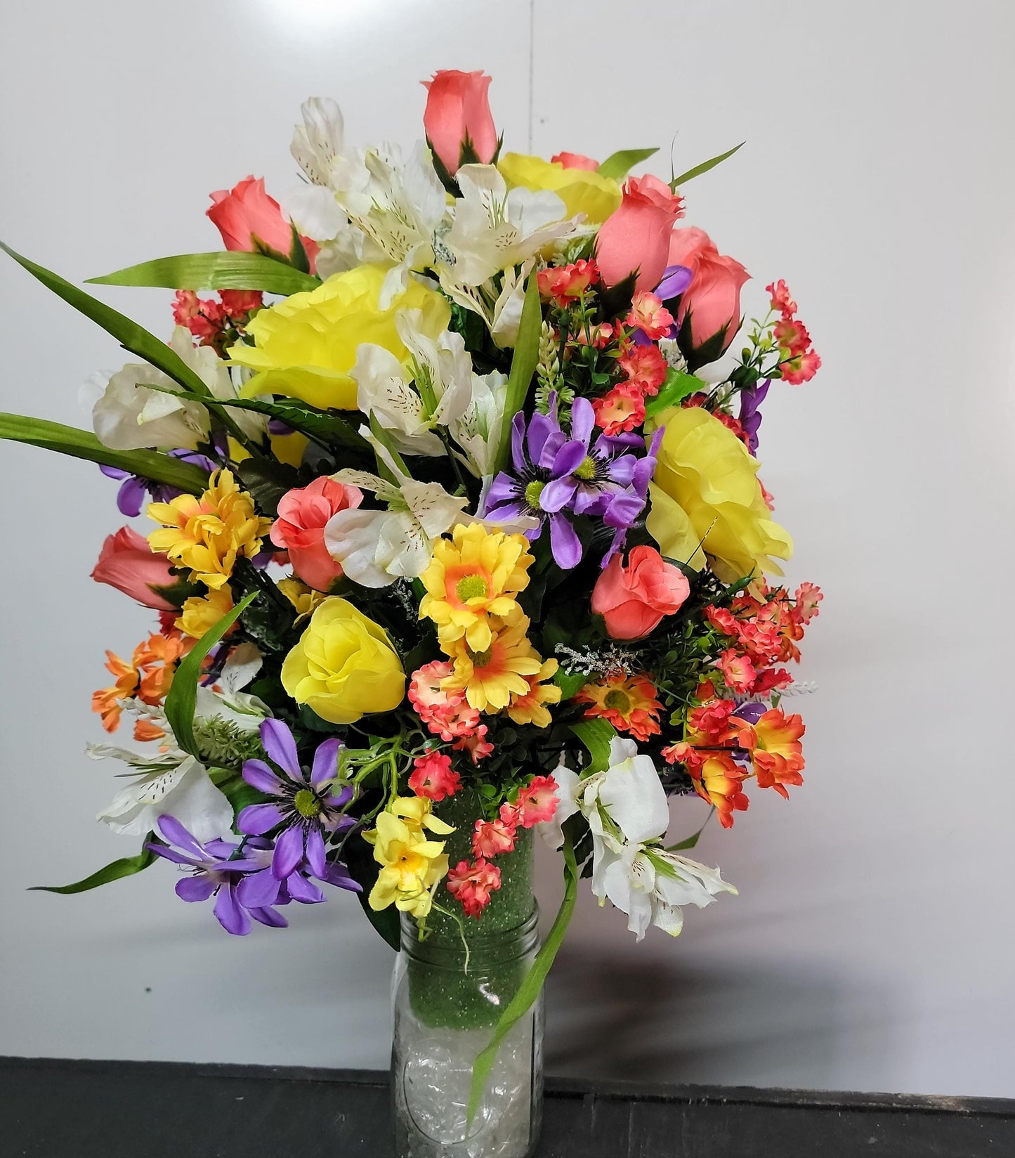 Spring Cemetery Flowers Cone for 3-inch Grave Vase, Yellow Roses with Pastel wildflowers Cemetery Vase Flower,  Easter Cemetery Vase Flowers