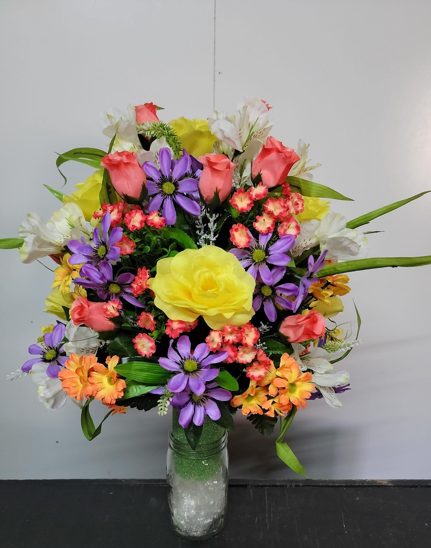 Spring Cemetery Flowers Cone for 3-inch Grave Vase, Yellow Roses with Pastel wildflowers Cemetery Vase Flower,  Easter Cemetery Vase Flowers