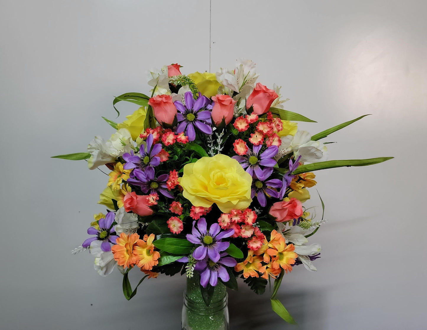 Spring Cemetery Flowers Cone for 3-inch Grave Vase, Yellow Roses with Pastel wildflowers Cemetery Vase Flower,  Easter Cemetery Vase Flowers