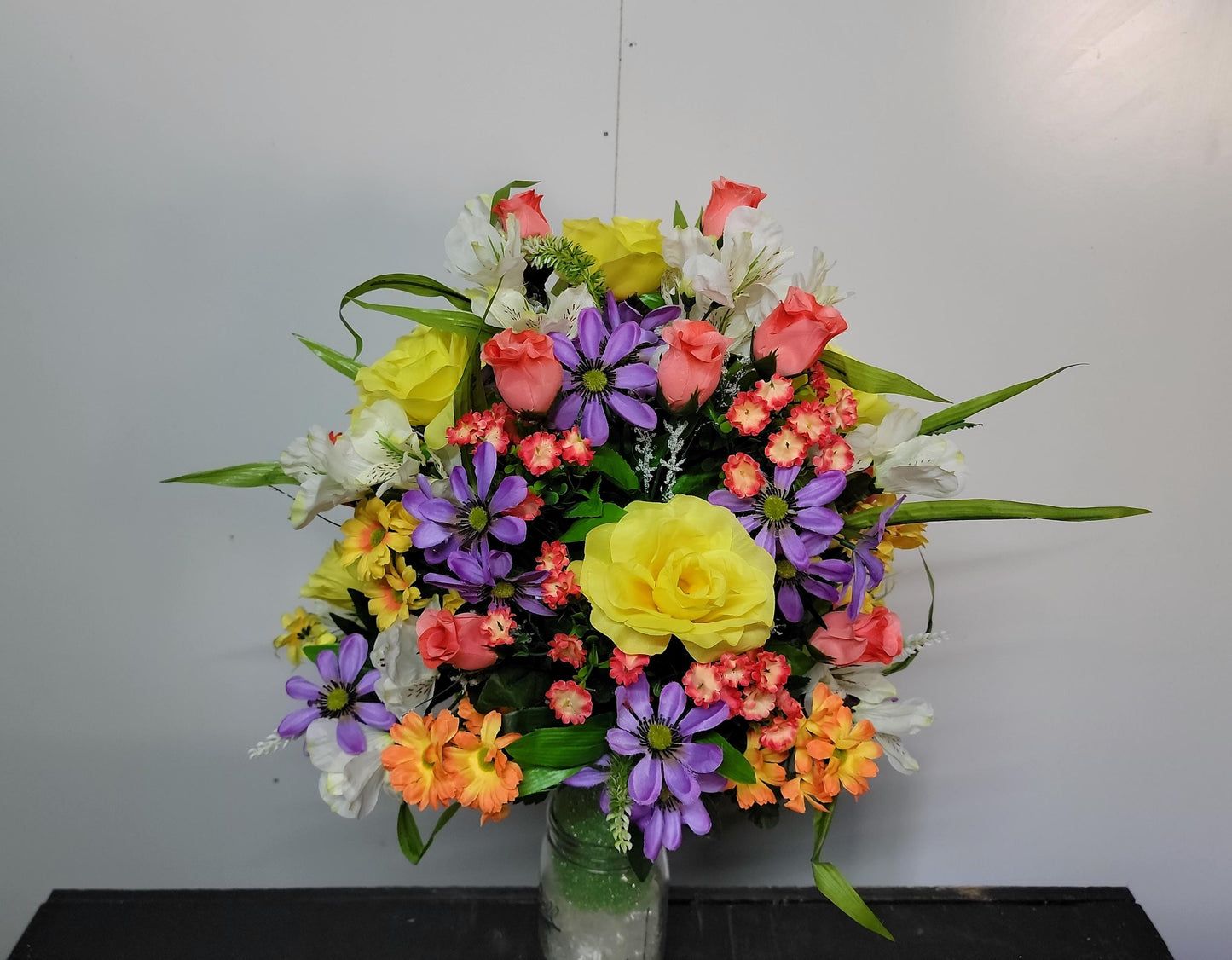 Spring Cemetery Flowers Cone for 3-inch Grave Vase, Yellow Roses with Pastel wildflowers Cemetery Vase Flower,  Easter Cemetery Vase Flowers