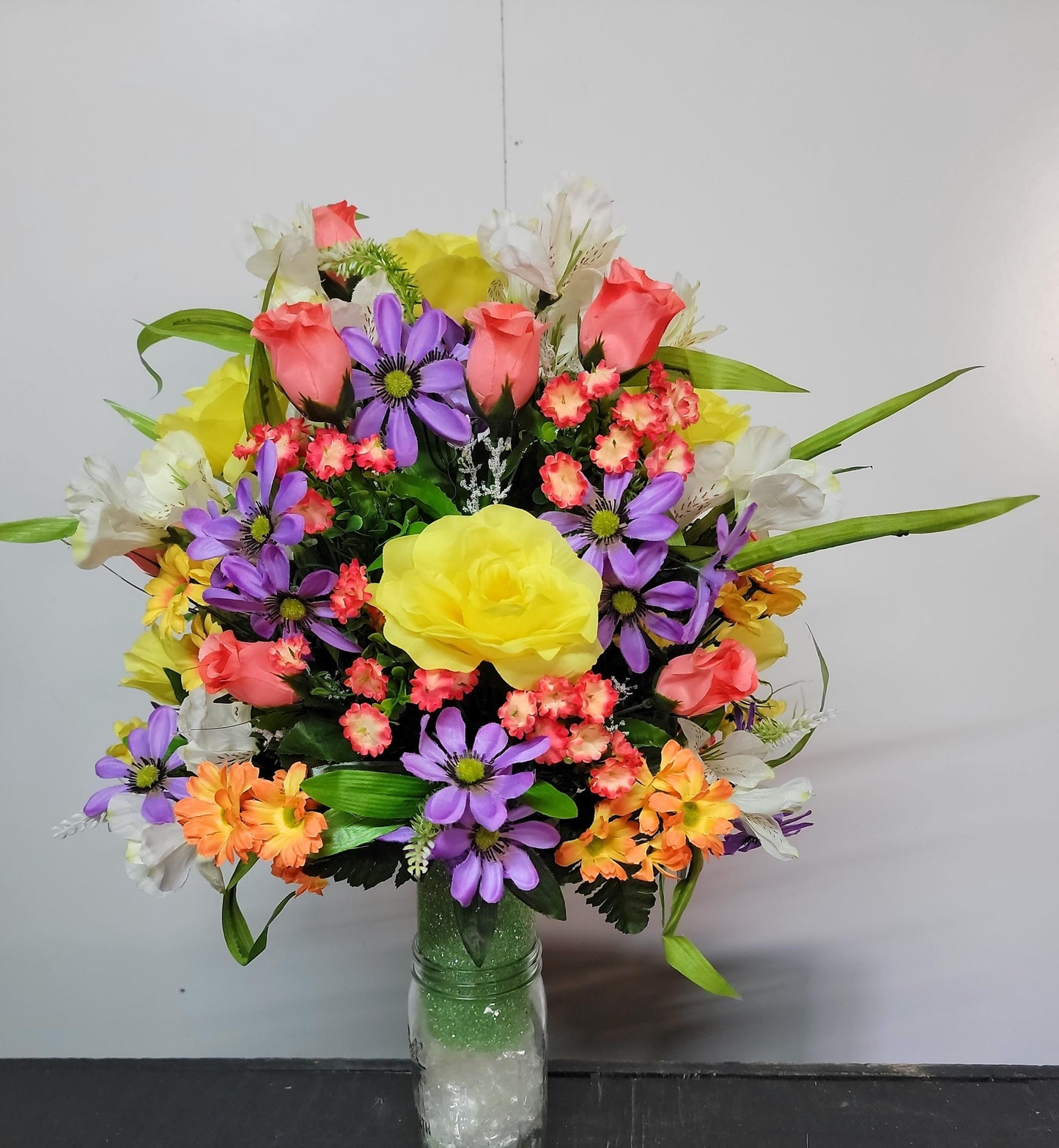 Spring Cemetery Flowers Cone for 3-inch Grave Vase, Yellow Roses with Pastel wildflowers Cemetery Vase Flower,  Easter Cemetery Vase Flowers