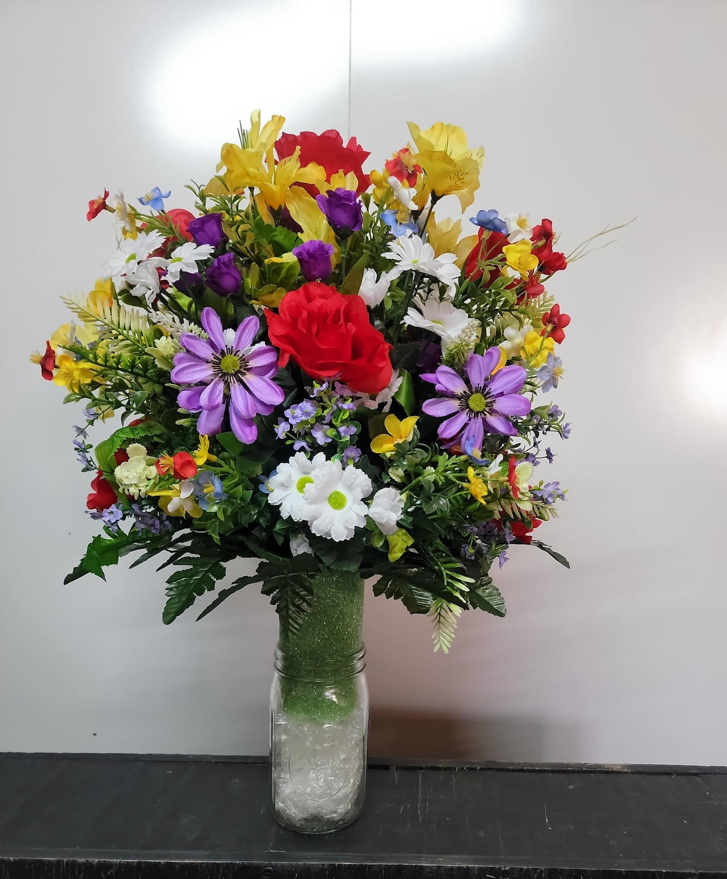 Spring Cemetery Flowers Cone for 3-inch Grave Vase, Red Roses with Spring  wildflowers Cemetery Vase Flower,  Easter Cemetery Vase Flowers