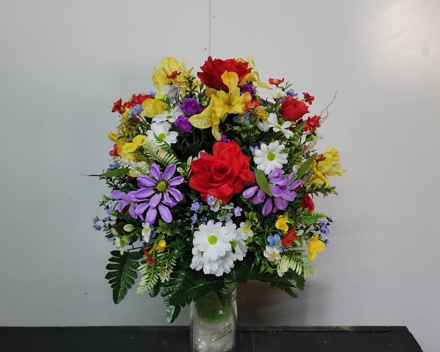 Spring Cemetery Flowers Cone for 3-inch Grave Vase, Red Roses with Spring  wildflowers Cemetery Vase Flower,  Easter Cemetery Vase Flowers