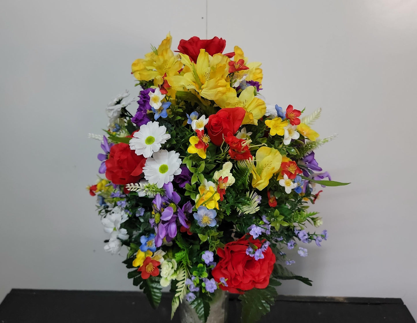 Spring Cemetery Flowers Cone for 3-inch Grave Vase, Red Roses with Spring  wildflowers Cemetery Vase Flower,  Easter Cemetery Vase Flowers