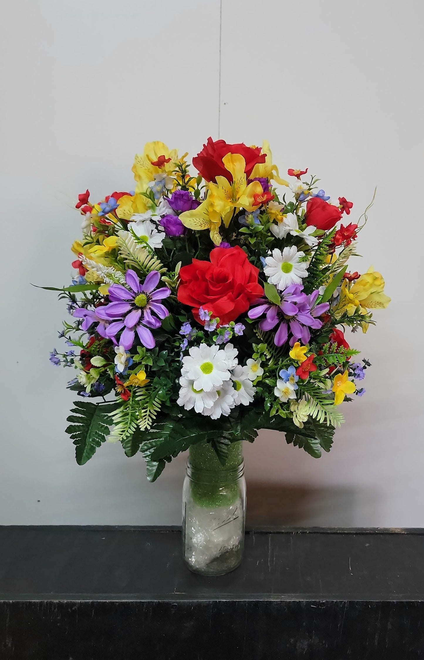 Spring Cemetery Flowers Cone for 3-inch Grave Vase, Red Roses with Spring  wildflowers Cemetery Vase Flower,  Easter Cemetery Vase Flowers