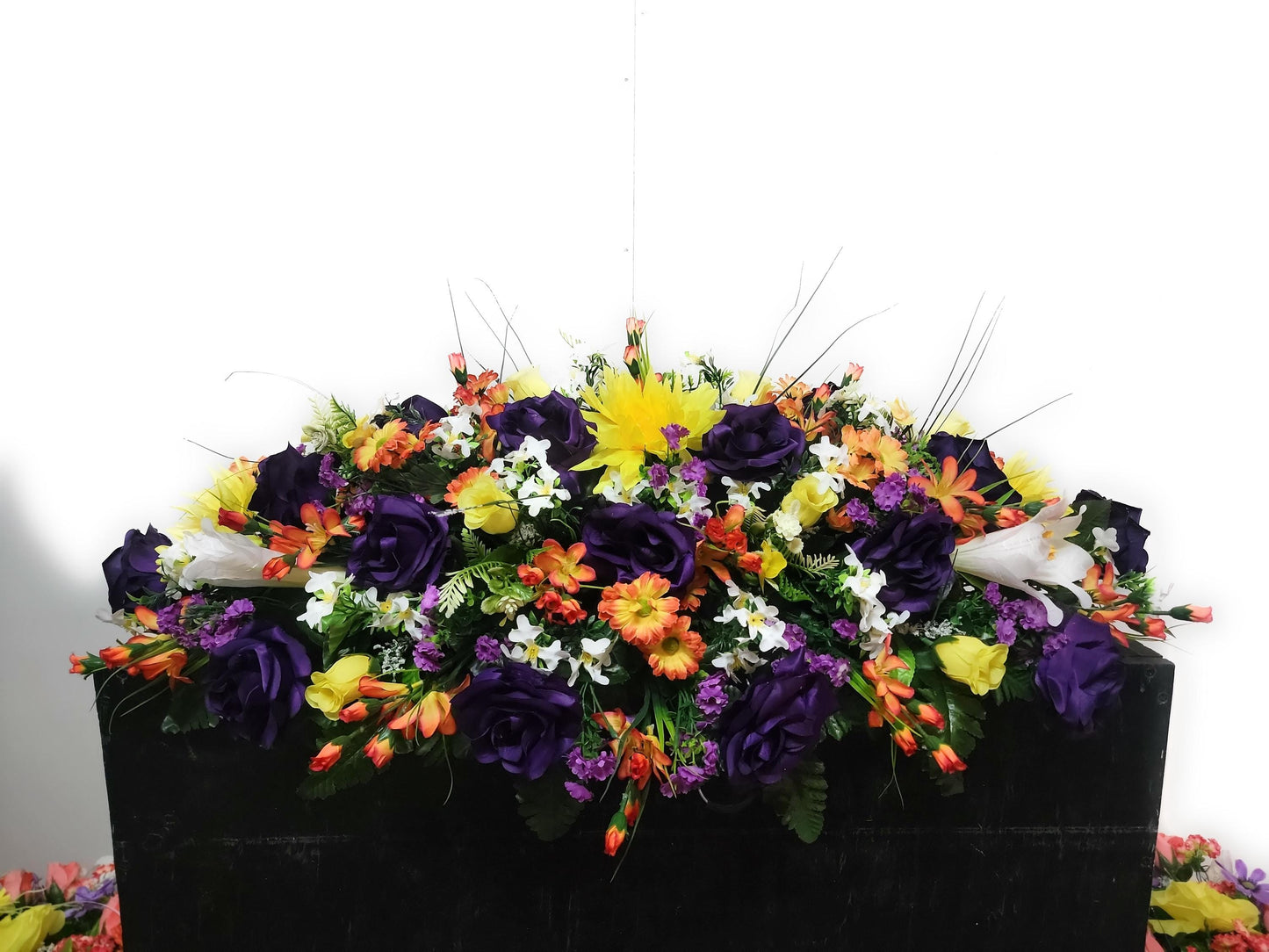 Premium 37" Spring Cemetery Saddle  Gravestone Flowers Purple  Roses Headstone Cemetery Saddle Large Headstone Saddle Flowers