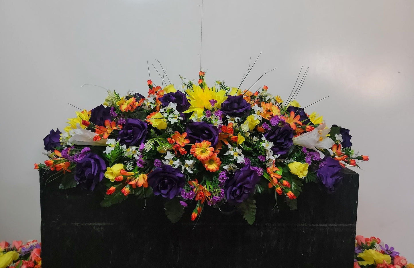 Premium 37" Spring Cemetery Saddle  Gravestone Flowers Purple  Roses Headstone Cemetery Saddle Large Headstone Saddle Flowers