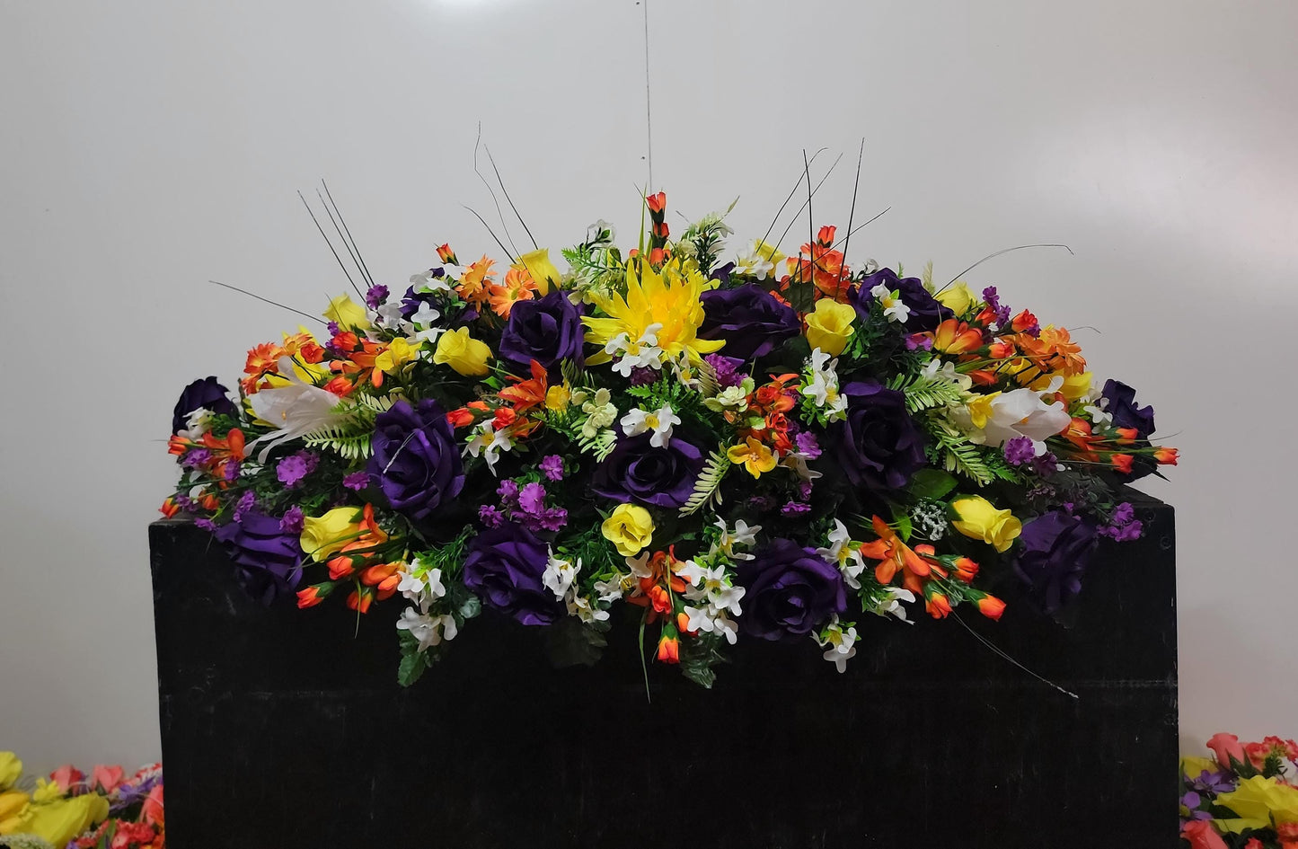 Premium 37" Spring Cemetery Saddle  Gravestone Flowers Purple  Roses Headstone Cemetery Saddle Large Headstone Saddle Flowers