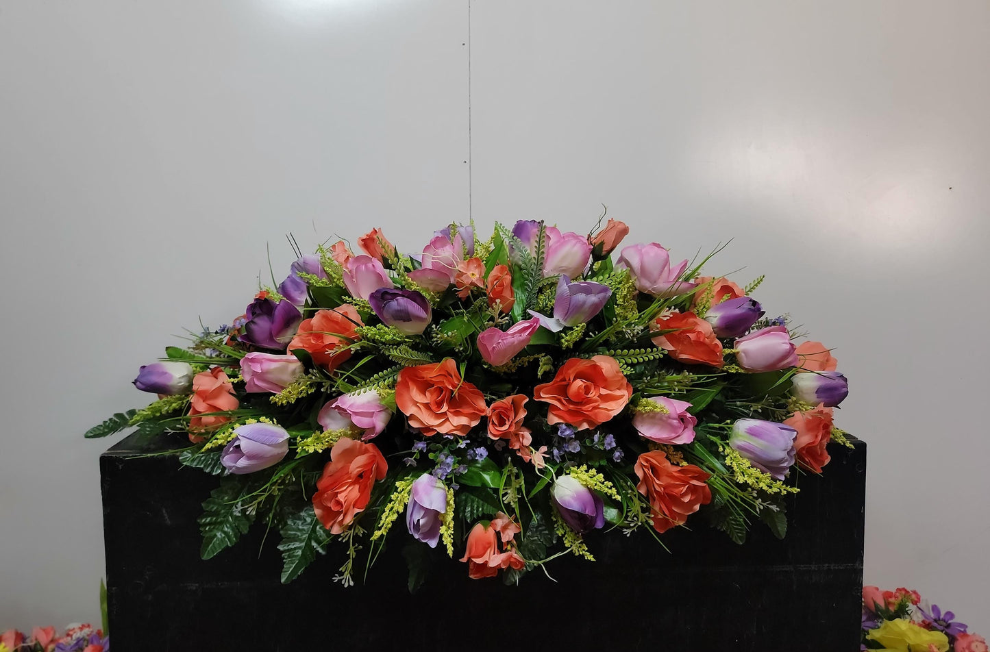 Premium 37" Spring Cemetery Saddle  Gravestone Flowers Coral Roses and Tulips Large Headstone Saddle Flowers