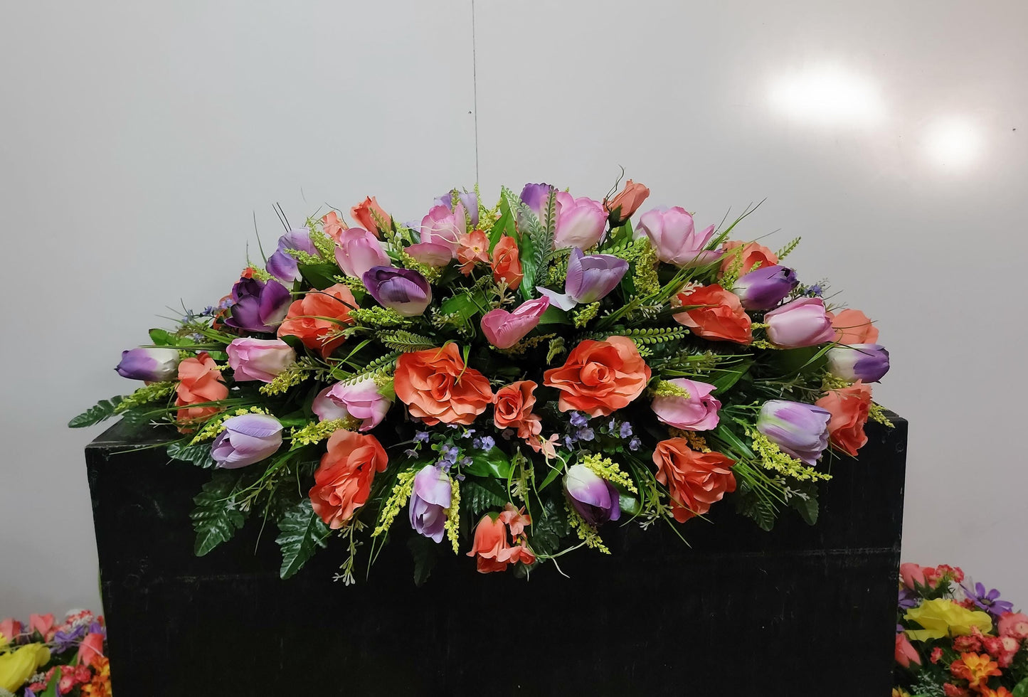 Premium 37" Spring Cemetery Saddle  Gravestone Flowers Coral Roses and Tulips Large Headstone Saddle Flowers