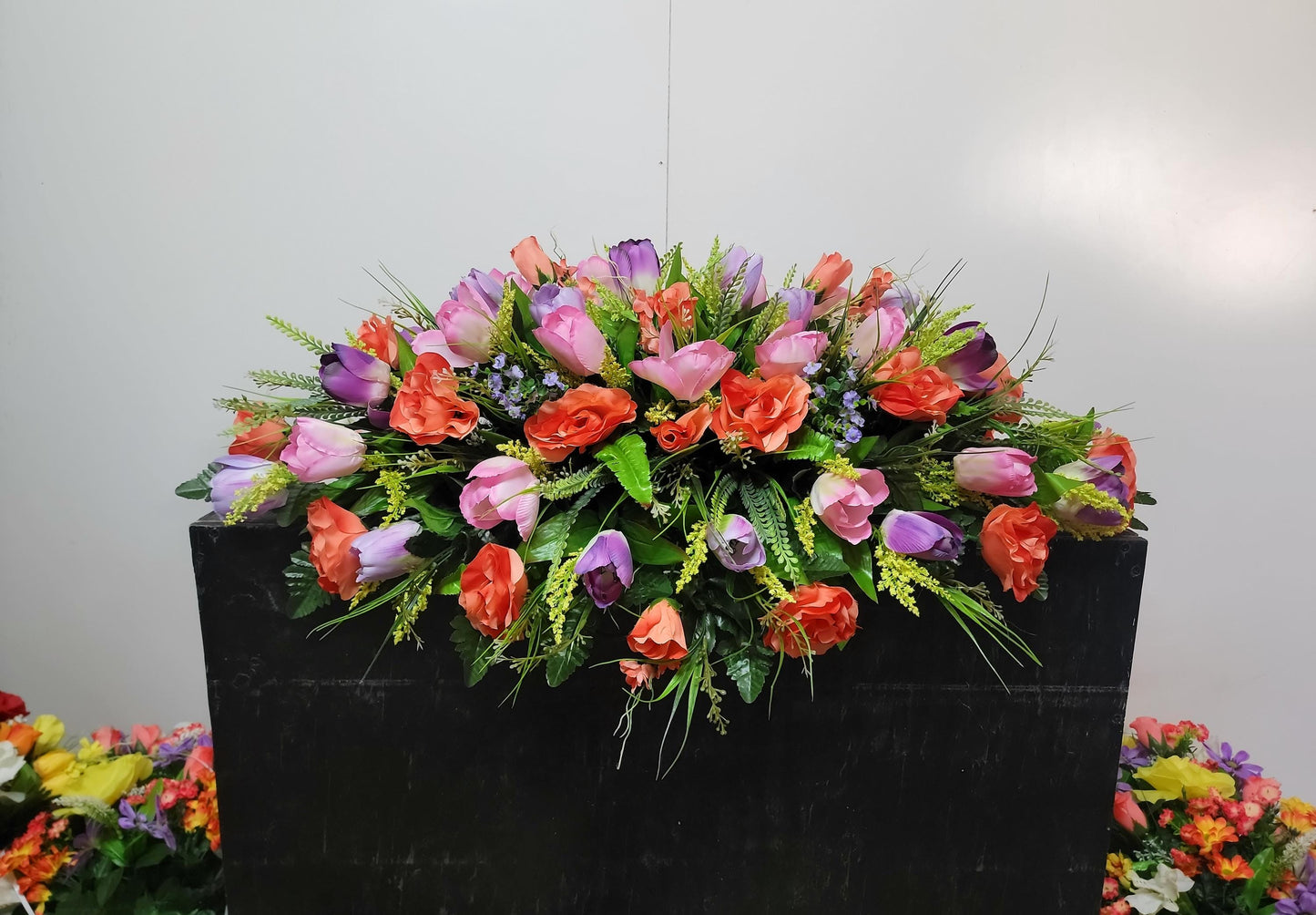 Premium 37" Spring Cemetery Saddle  Gravestone Flowers Coral Roses and Tulips Large Headstone Saddle Flowers