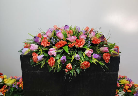 Premium 37" Spring Cemetery Saddle  Gravestone Flowers Coral Roses and Tulips Large Headstone Saddle Flowers