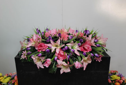 Spring Cemetery Saddle  Pink Roses and Purple Tulips Gravestone Flowers  Large Headstone Saddle Flowers