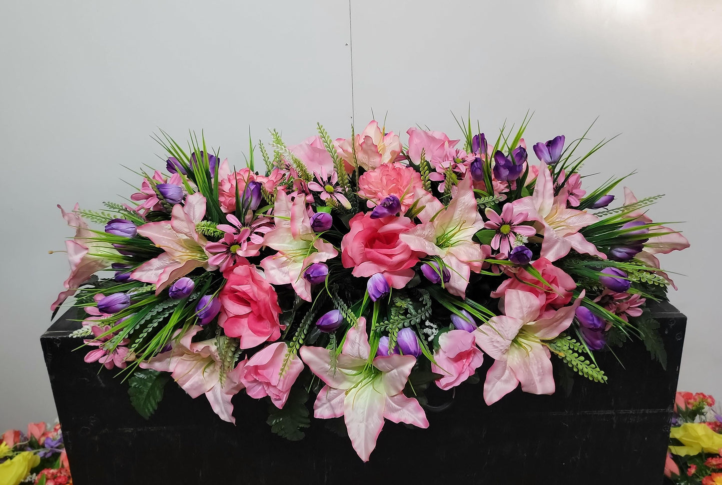 Spring Cemetery Saddle  Pink Roses and Purple Tulips Gravestone Flowers  Large Headstone Saddle Flowers
