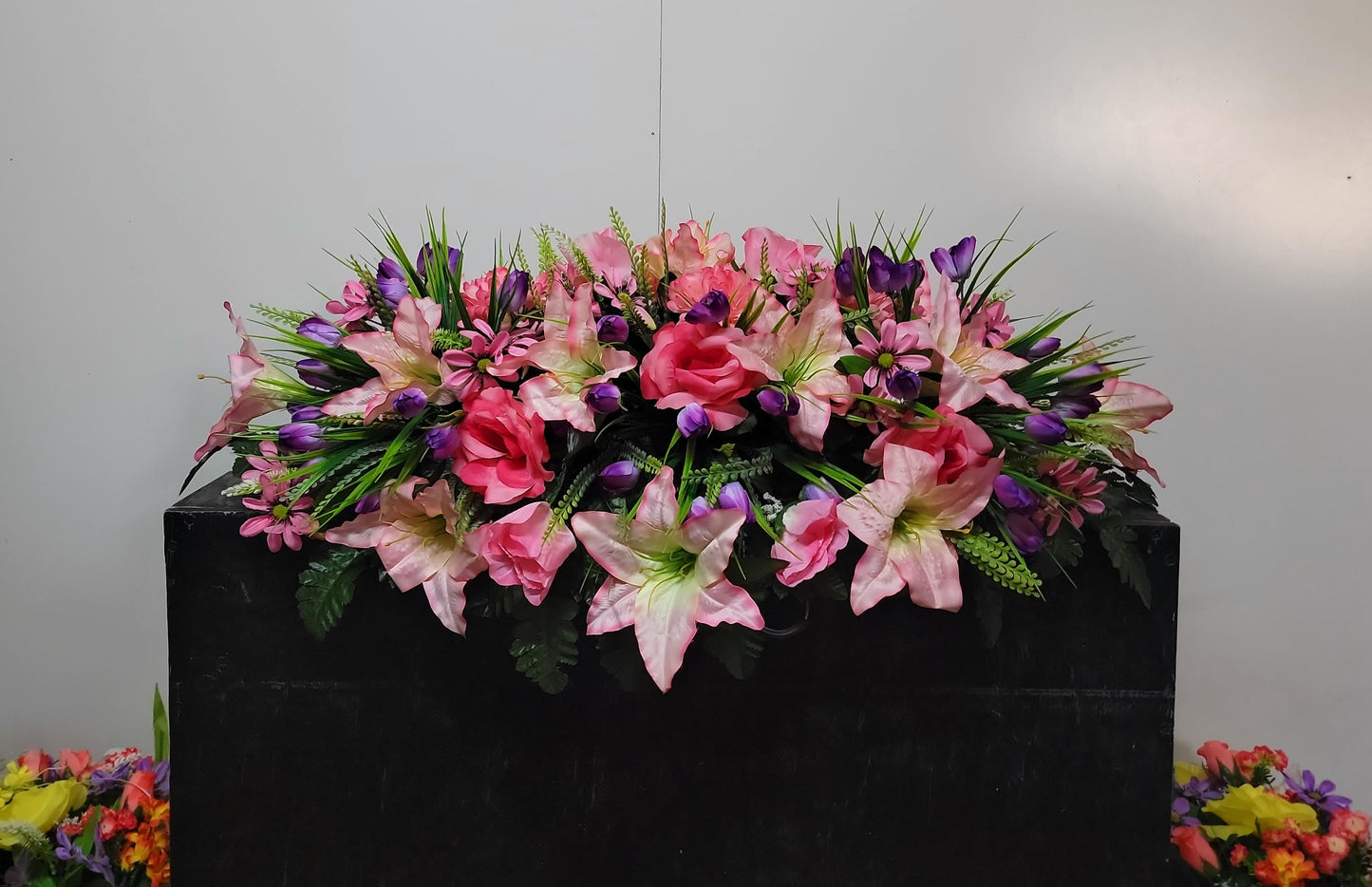 Spring Cemetery Saddle  Pink Roses and Purple Tulips Gravestone Flowers  Large Headstone Saddle Flowers
