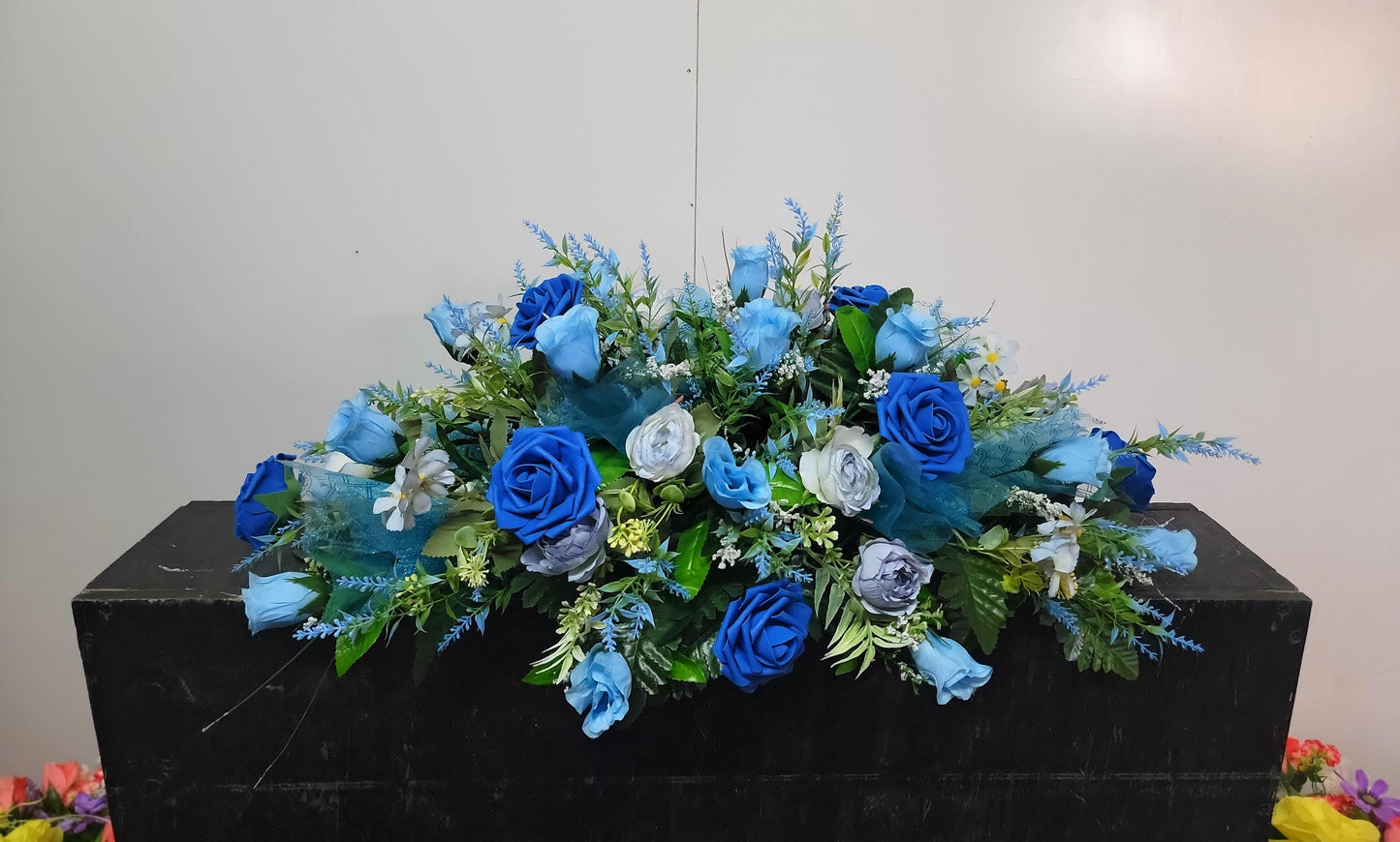 Blue rose Cemetery Saddle,  sons Headstone Flowers Grave Saddle Father  Memorial Flowers for Grave