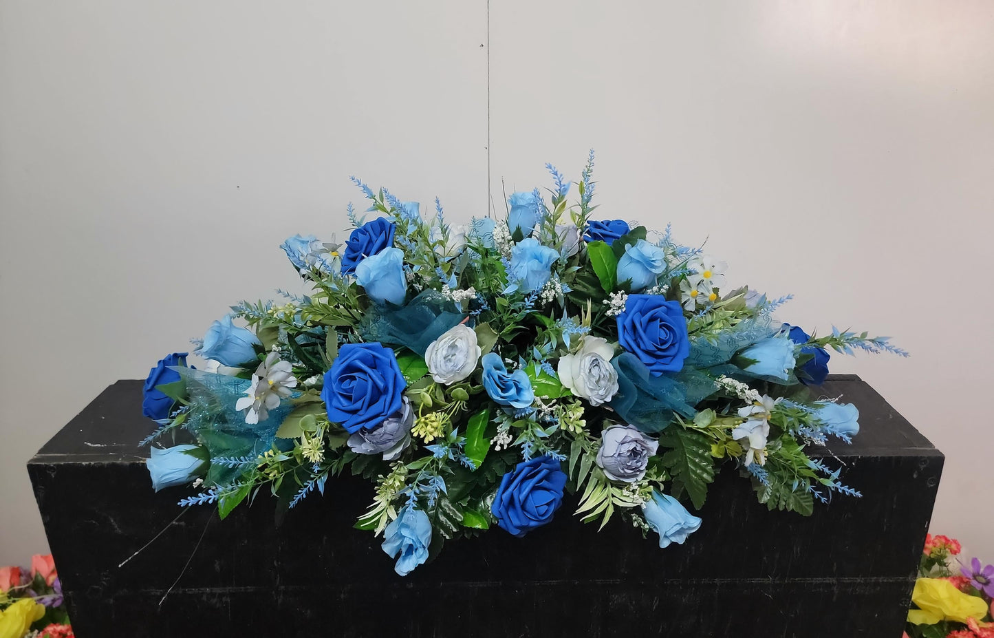 Blue rose Cemetery Saddle,  sons Headstone Flowers Grave Saddle Father  Memorial Flowers for Grave
