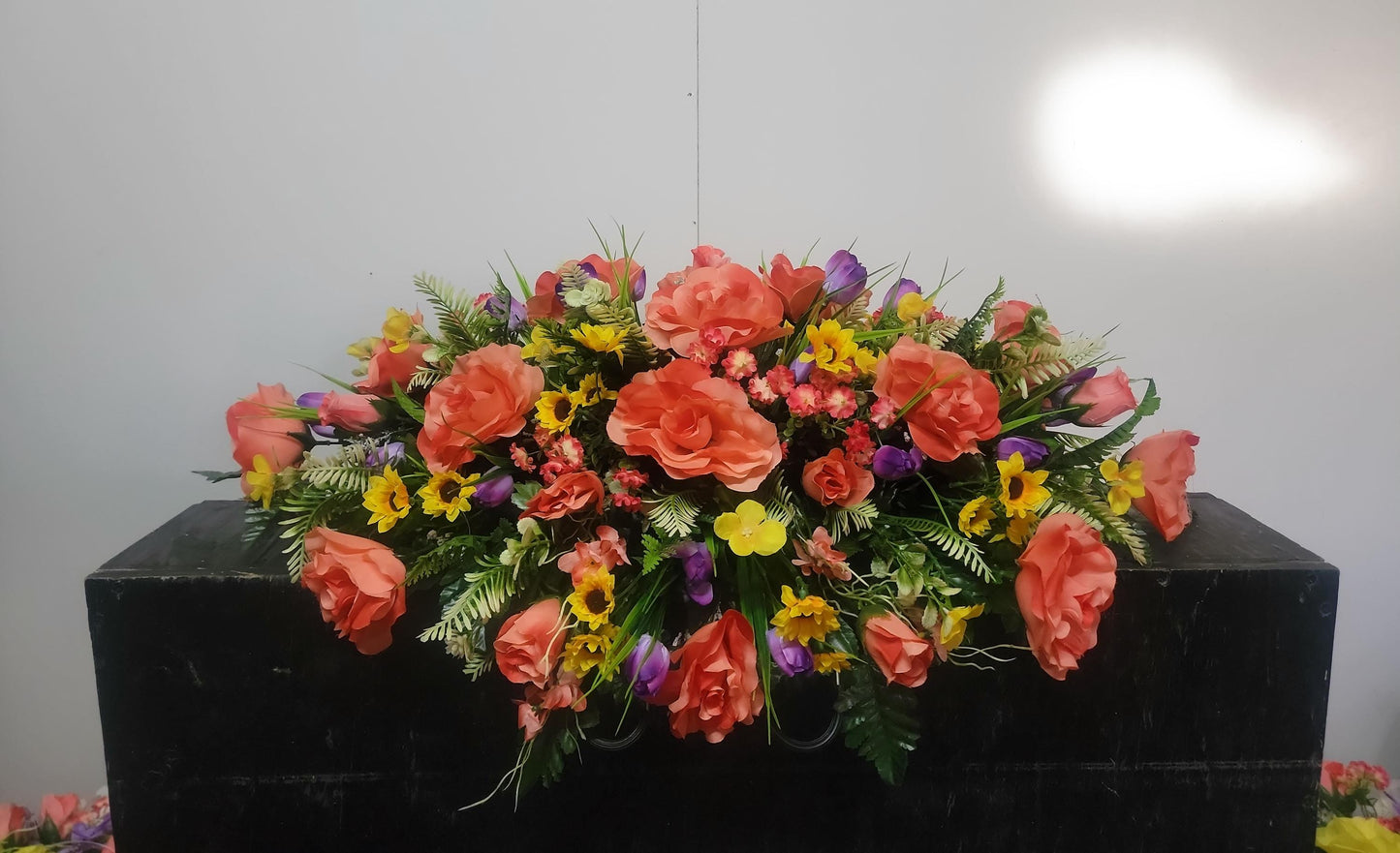 Spring Cemetery Saddle , Coral Roses, Mini sunflowers, Spring Flowers for Headstone,  Grave Saddle Easter Flowers