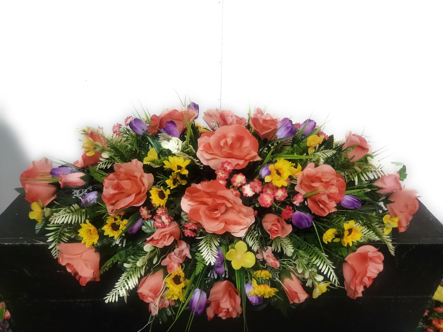 Spring Cemetery Saddle , Coral Roses, Mini sunflowers, Spring Flowers for Headstone,  Grave Saddle Easter Flowers