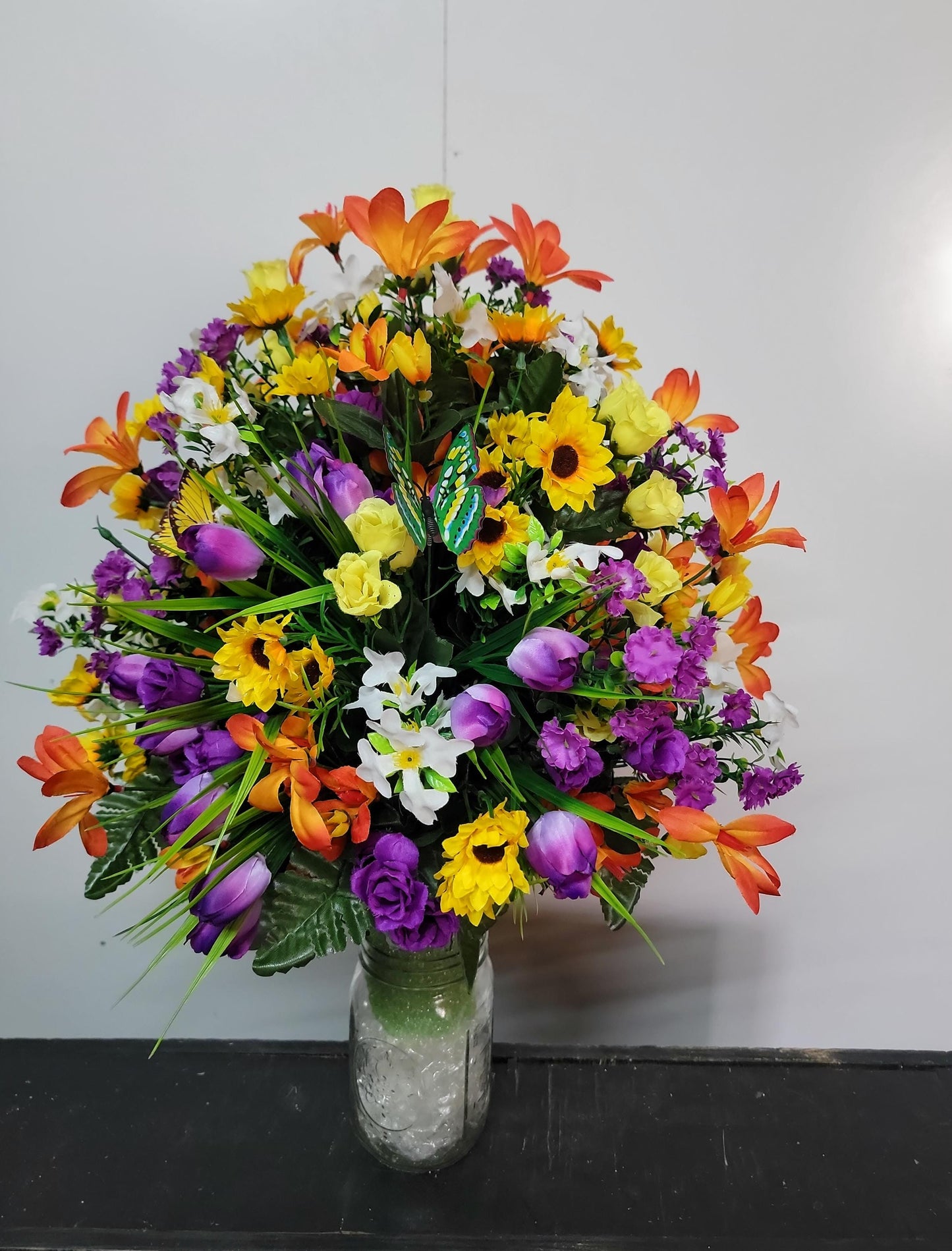 Wildflower Garden Butterfly Cemetery Flowers Vase Cone for 3-inch Vase  yellow purple Cemetery Vase Arrangement,  Cemetery Flowers Vase