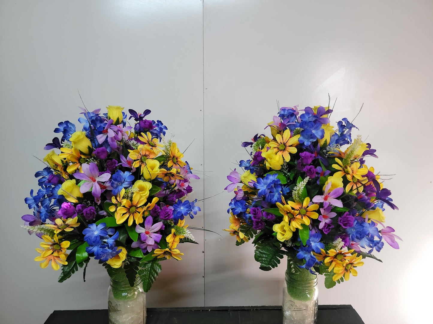 Blue  Wildflower Cemetery vase arrangement,  Cone for 3-inch Grave Vase,  full with blue yellow purple Spring Cemetery Flowers