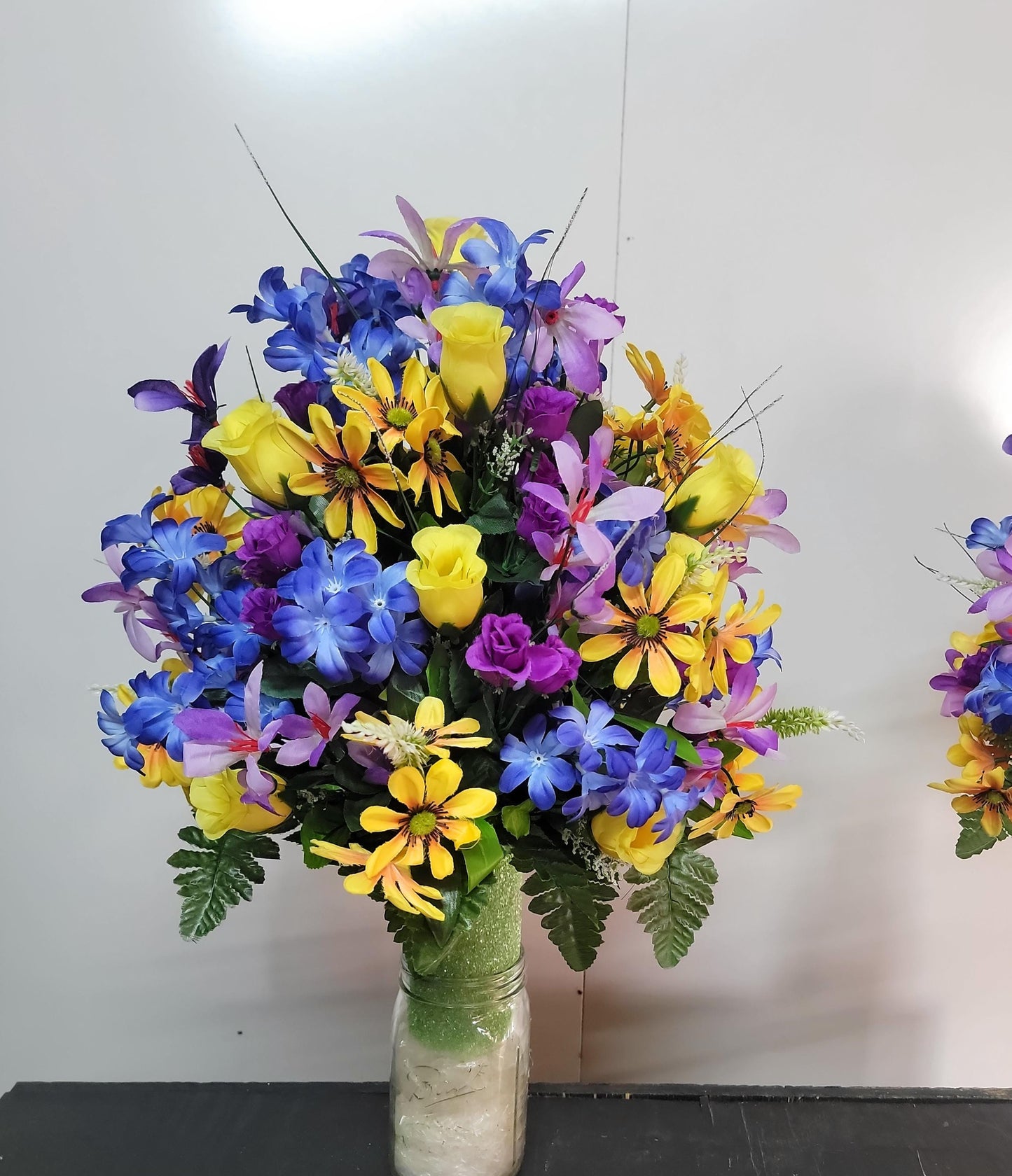 Blue  Wildflower Cemetery vase arrangement,  Cone for 3-inch Grave Vase,  full with blue yellow purple Spring Cemetery Flowers