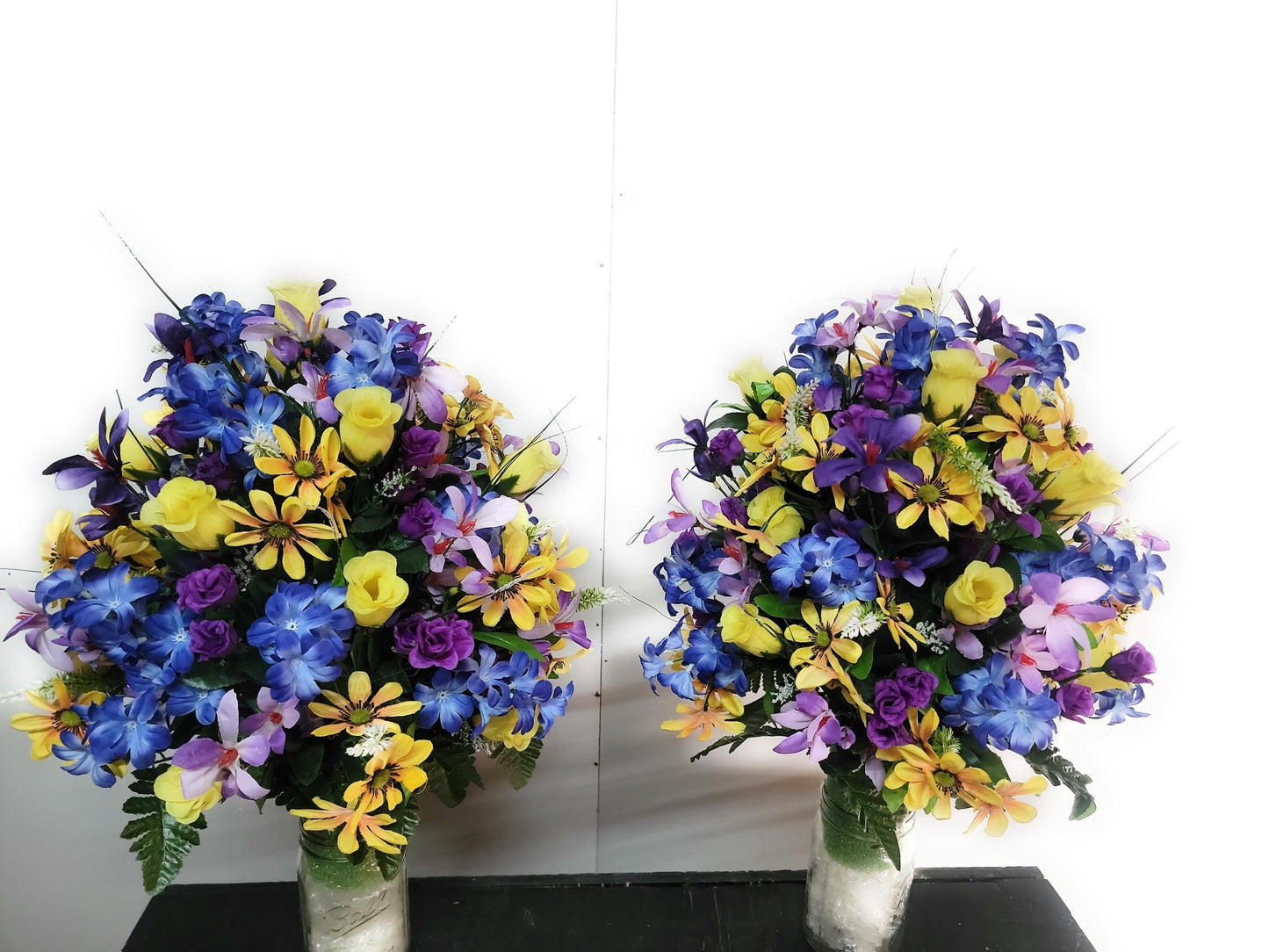 Blue  Wildflower Cemetery vase arrangement,  Cone for 3-inch Grave Vase,  full with blue yellow purple Spring Cemetery Flowers
