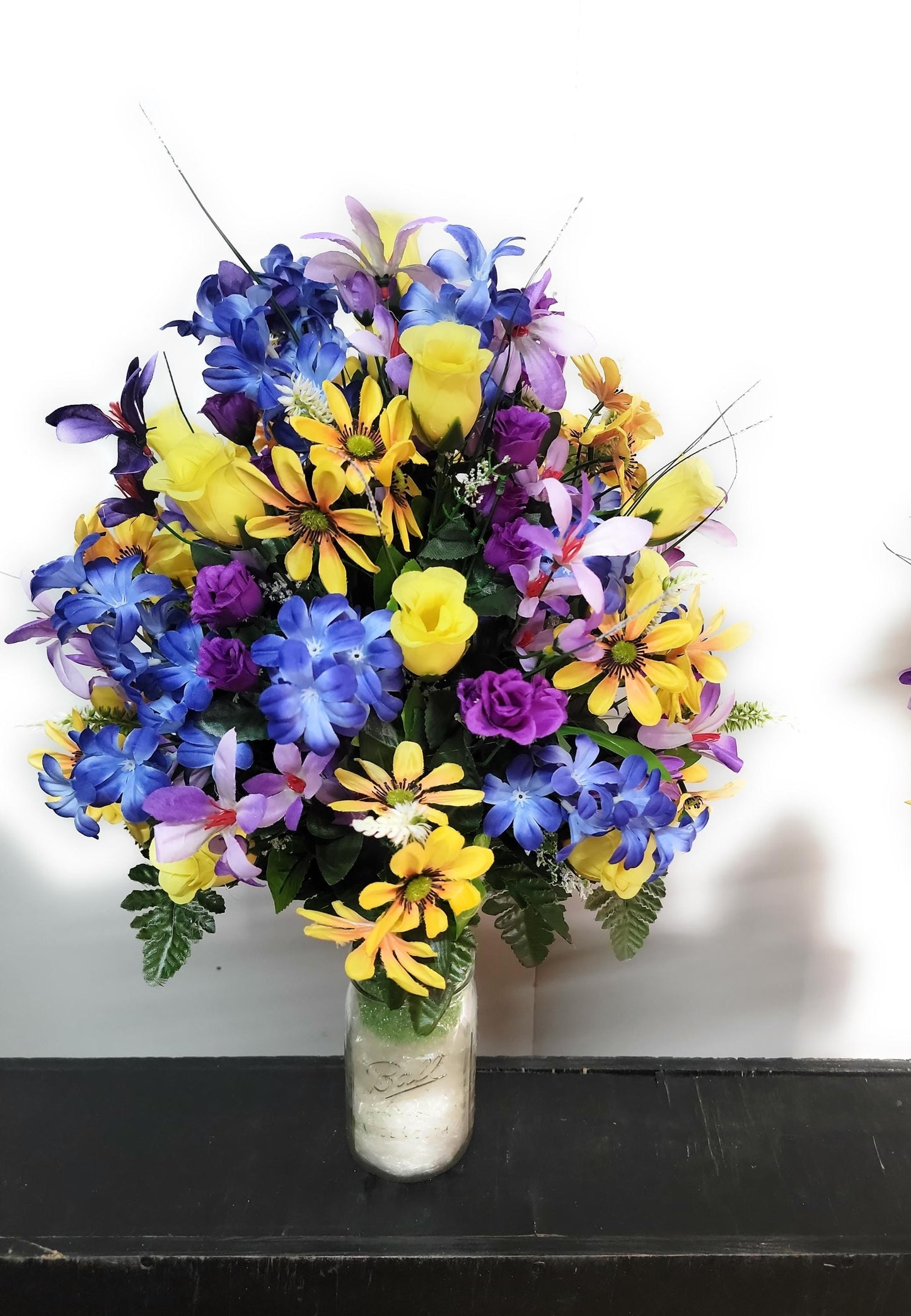 Blue  Wildflower Cemetery vase arrangement,  Cone for 3-inch Grave Vase,  full with blue yellow purple Spring Cemetery Flowers