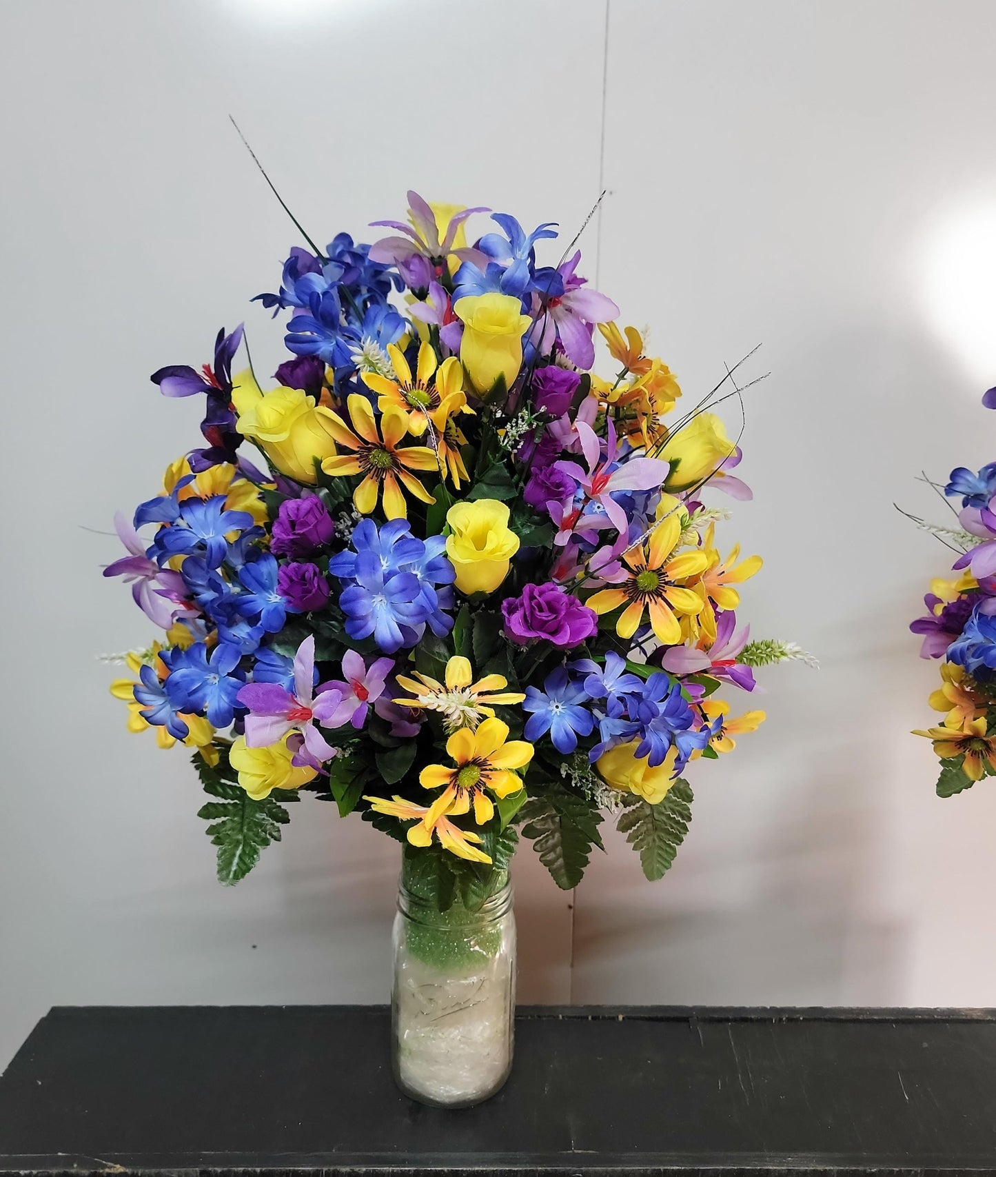 Blue  Wildflower Cemetery vase arrangement,  Cone for 3-inch Grave Vase,  full with blue yellow purple Spring Cemetery Flowers