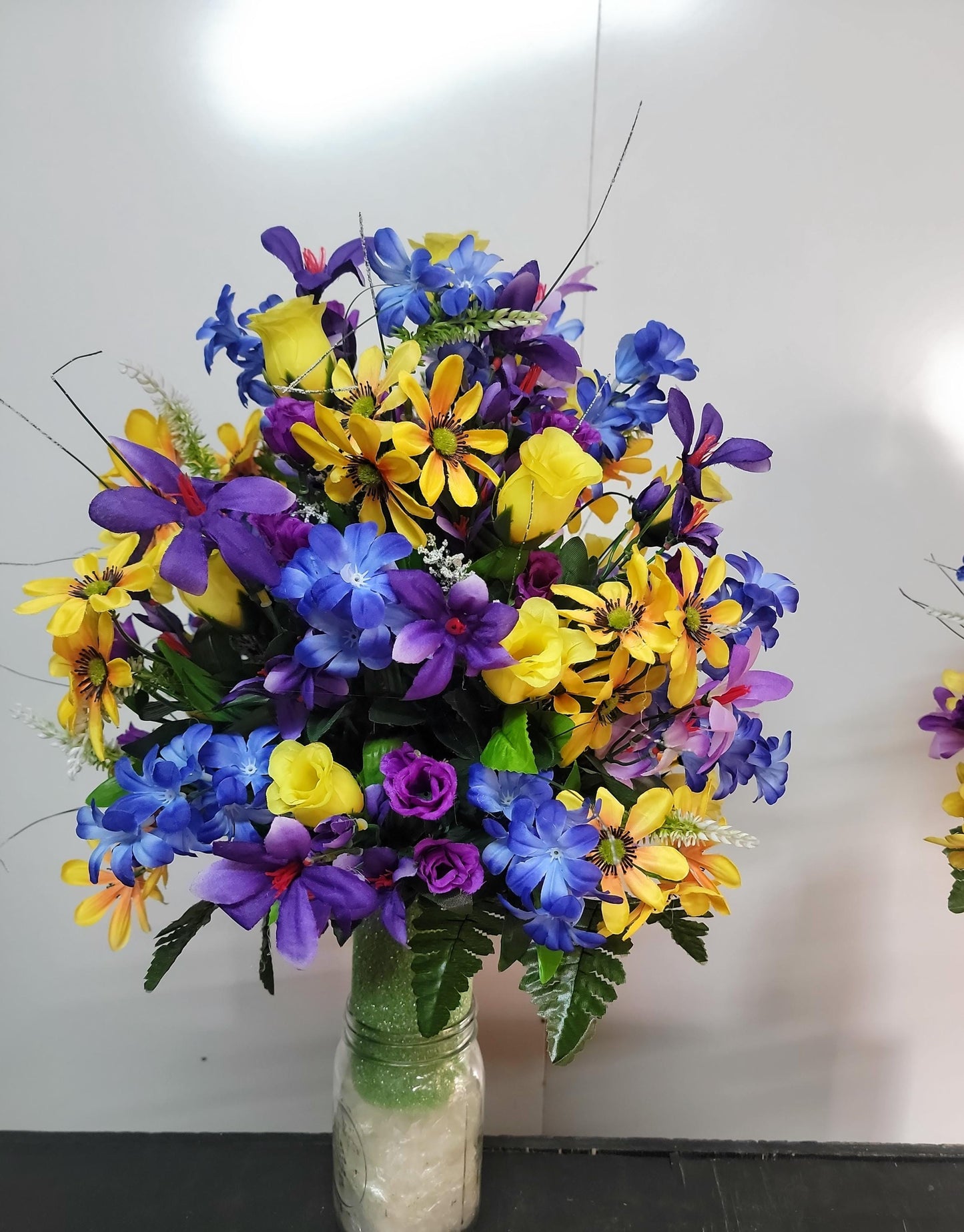 Blue  Wildflower Cemetery vase arrangement,  Cone for 3-inch Grave Vase,  full with blue yellow purple Spring Cemetery Flowers