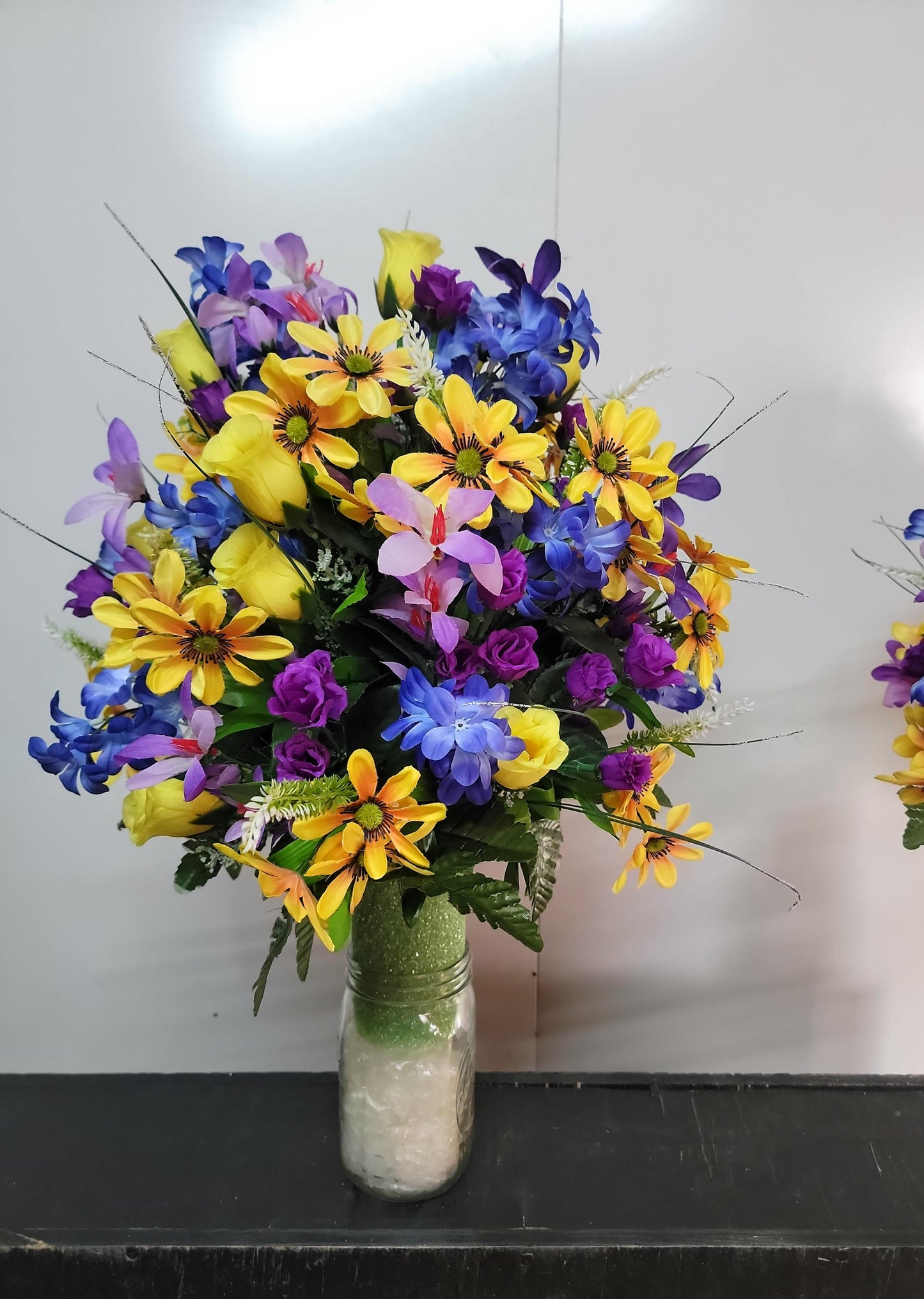 Blue  Wildflower Cemetery vase arrangement,  Cone for 3-inch Grave Vase,  full with blue yellow purple Spring Cemetery Flowers