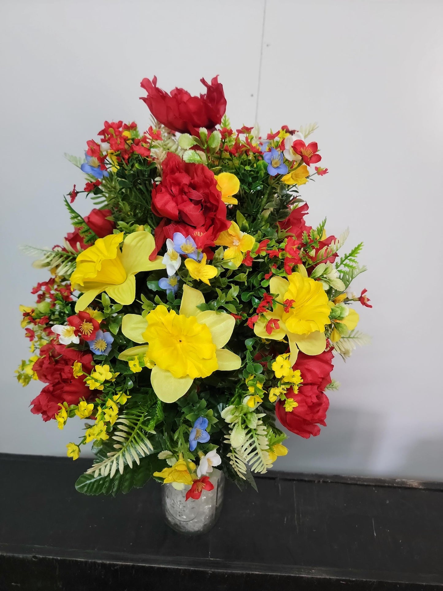 Forget-me-not  Spring Mix Cemetery Vase Flowers, Memorial Flowers by Southern Edge Style , Extra Full  Daffodils with wildflowers