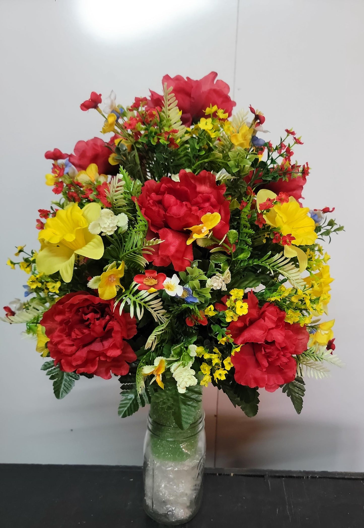Forget-me-not  Spring Mix Cemetery Vase Flowers, Memorial Flowers by Southern Edge Style , Extra Full  Daffodils with wildflowers