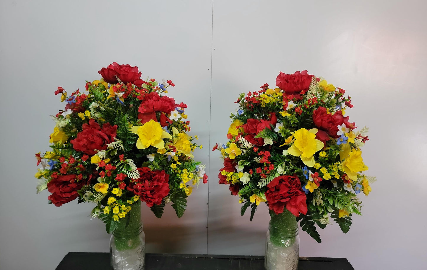 Forget-me-not  Spring Mix Cemetery Vase Flowers, Memorial Flowers by Southern Edge Style , Extra Full  Daffodils with wildflowers