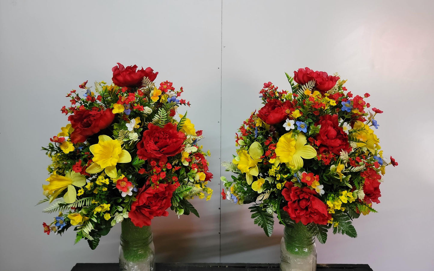 Forget-me-not  Spring Mix Cemetery Vase Flowers, Memorial Flowers by Southern Edge Style , Extra Full  Daffodils with wildflowers