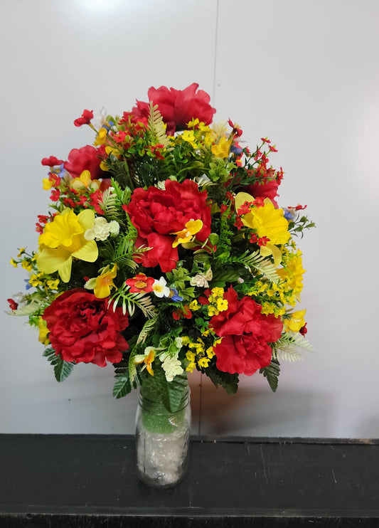 Forget-me-not  Spring Mix Cemetery Vase Flowers, Memorial Flowers by Southern Edge Style , Extra Full  Daffodils with wildflowers